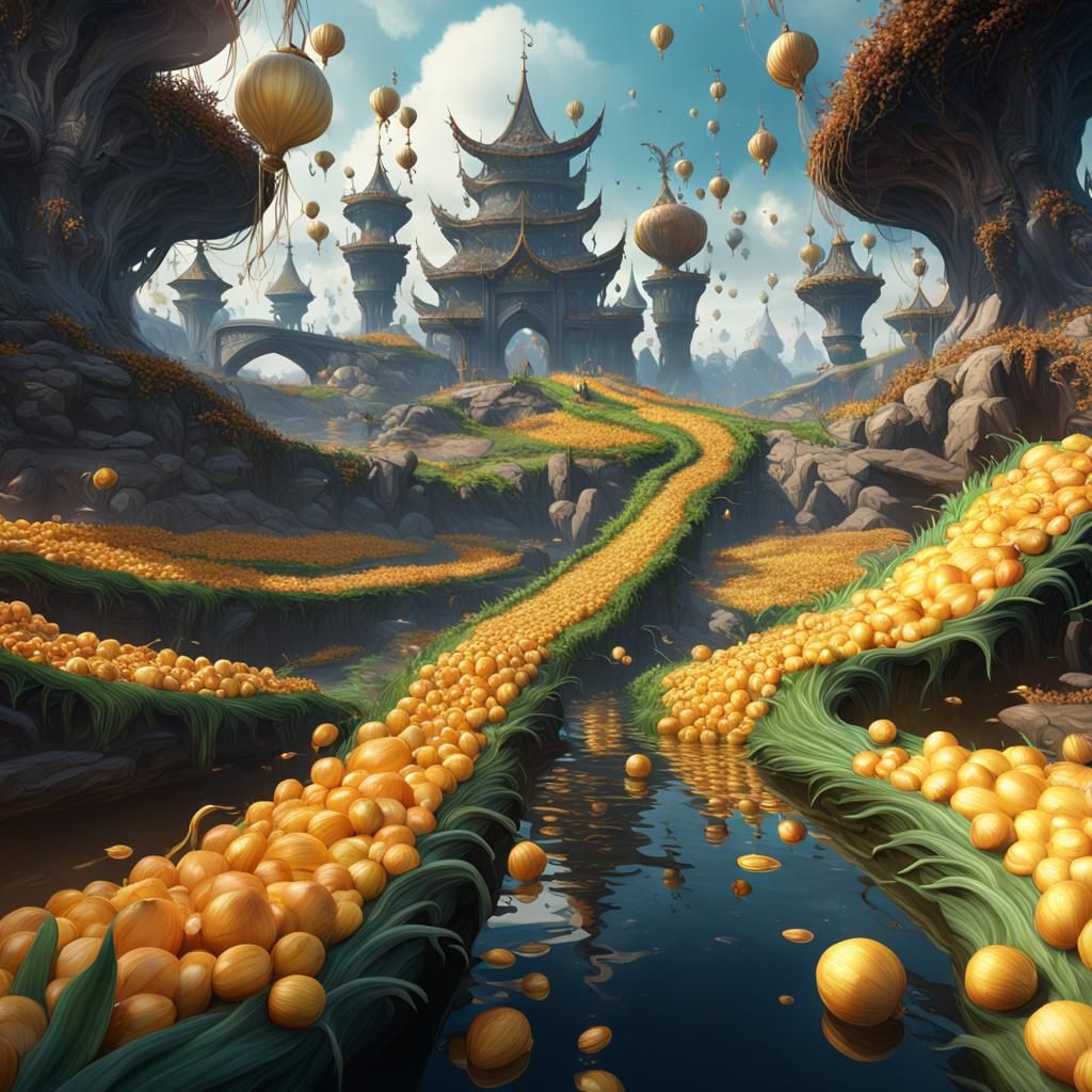 Fantastical Scrambled Onion Race in Detailed Digital Paintin...