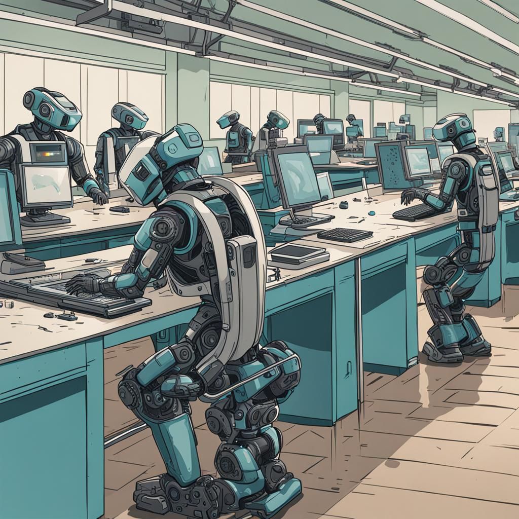 AI Robots in Sweatshop Drawing Digital Art