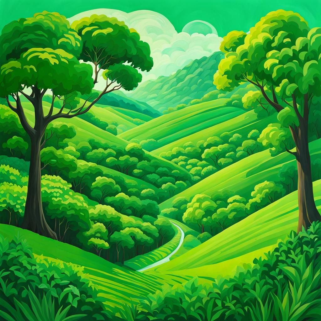 Lush Green Earth in Gouache Painting