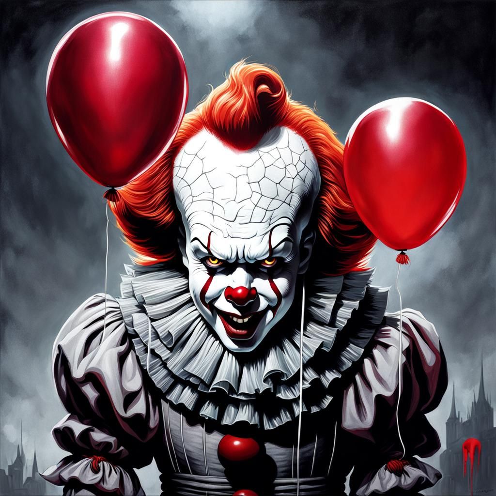 Realistic Pennywise with Red Balloons: Digital Painting