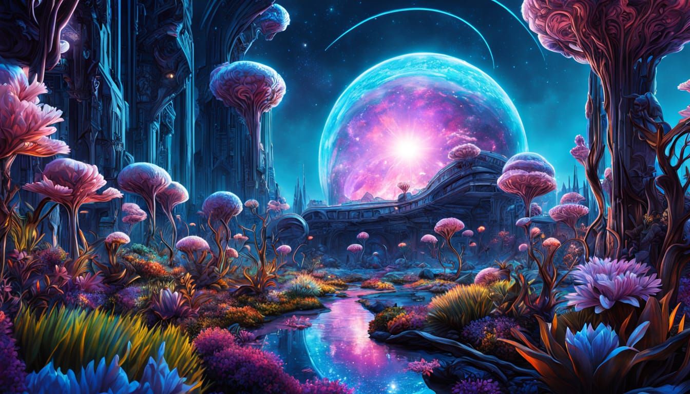 Ethereal Alien Landscape in Neon Sci-Fi Dreamcore Style
