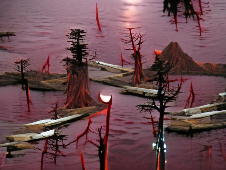 Eerie Blood Moon Over Desolate Lake