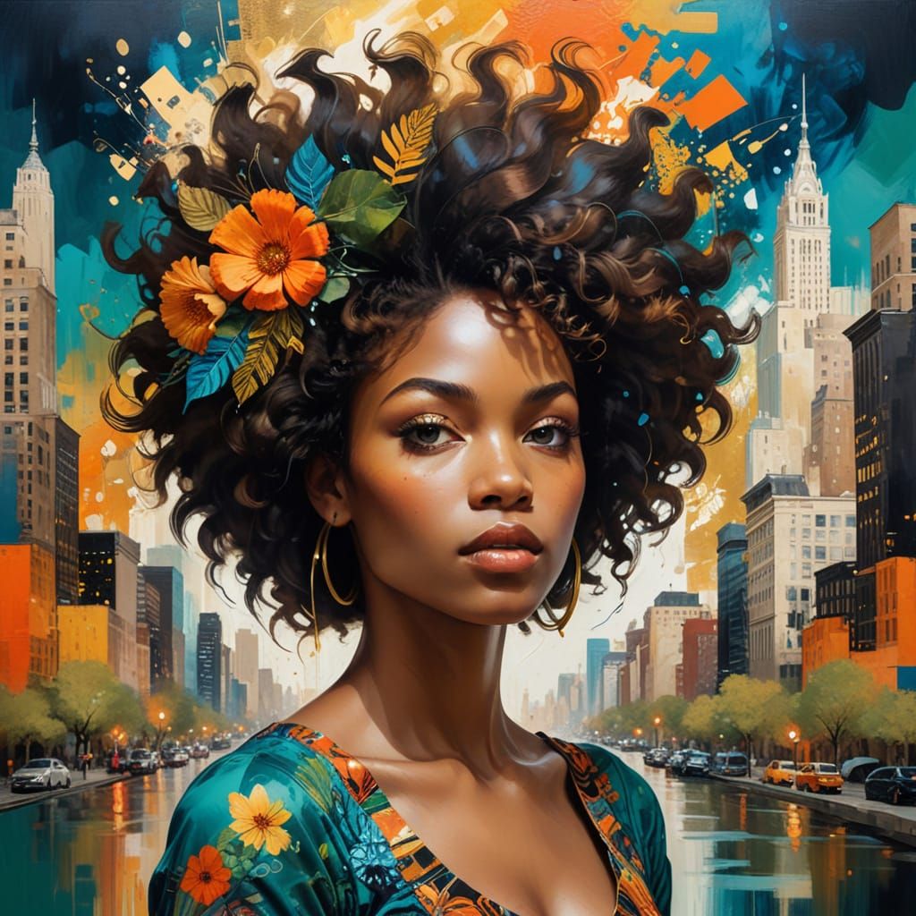 Mixed Media Portrait of Black Woman with Cityscape Silhouett...