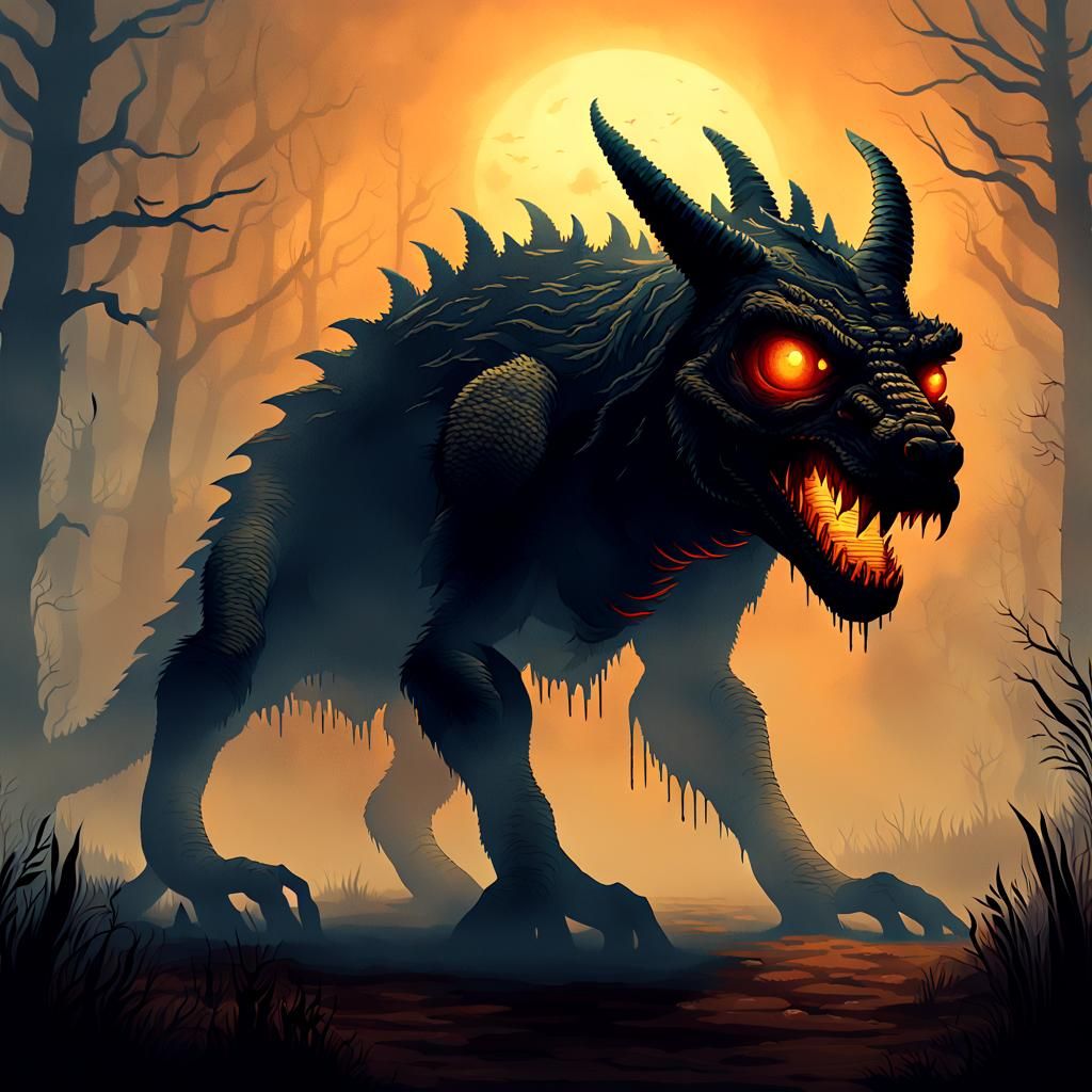 Menacing Chupacabra in Mystical Pixel Art Landscape