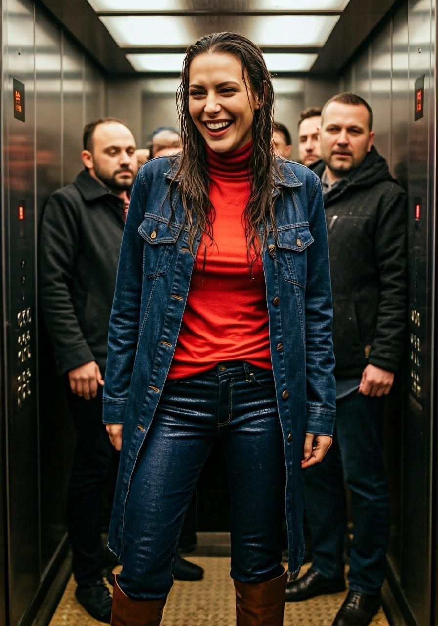 Smiling Office Worker Takes the Plunge in Wet Elevator