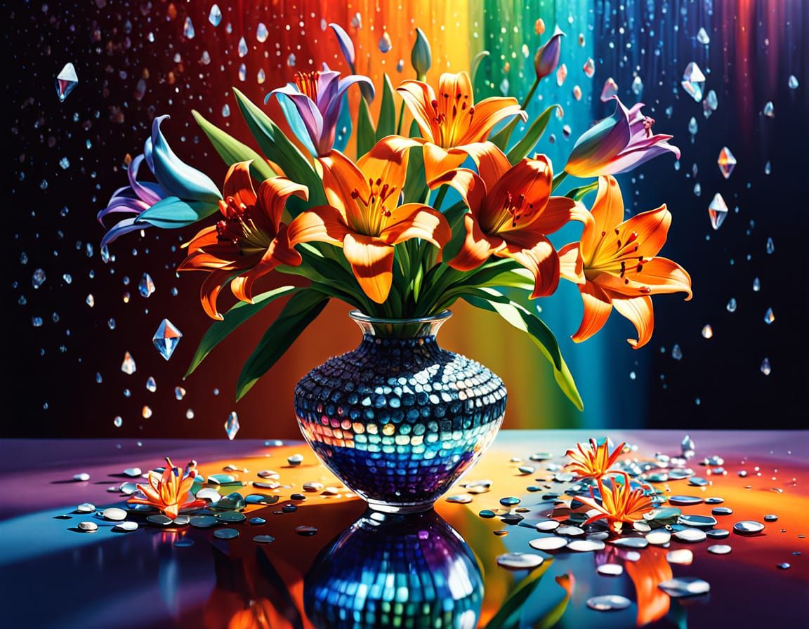 Crystal Vase with Rainbow Lilies in Liquid Mercury