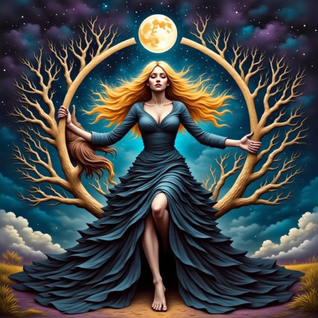 Golden-Haired Witch Goddess in Starry Sky, Grimdark Baroque