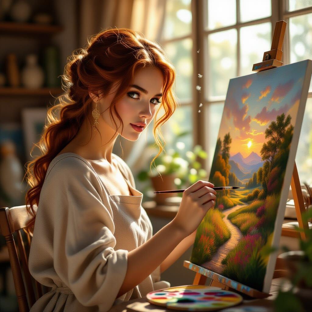 Beautiful Woman Painting a Landscape in James Gurney Style