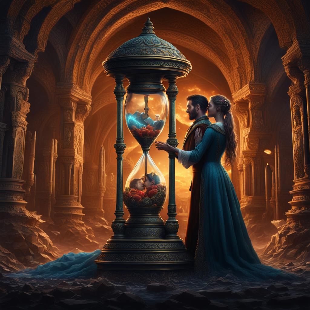 two lovers holding an hourglass between them, their hands in...