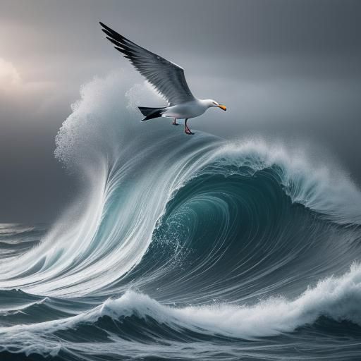 Monochromatic Winter Sea Landscape with Gull in Flight