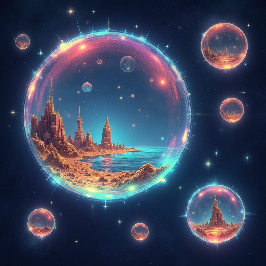 Surreal Iridescent Bubbles Erupt in Starry Cosmic Realms