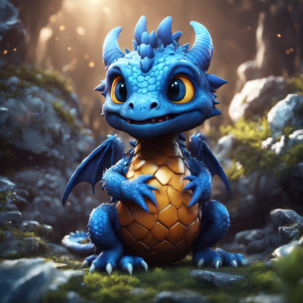 Vibrant Indigo Baby Dragon Emerges from Splendid Fantasy Wor...