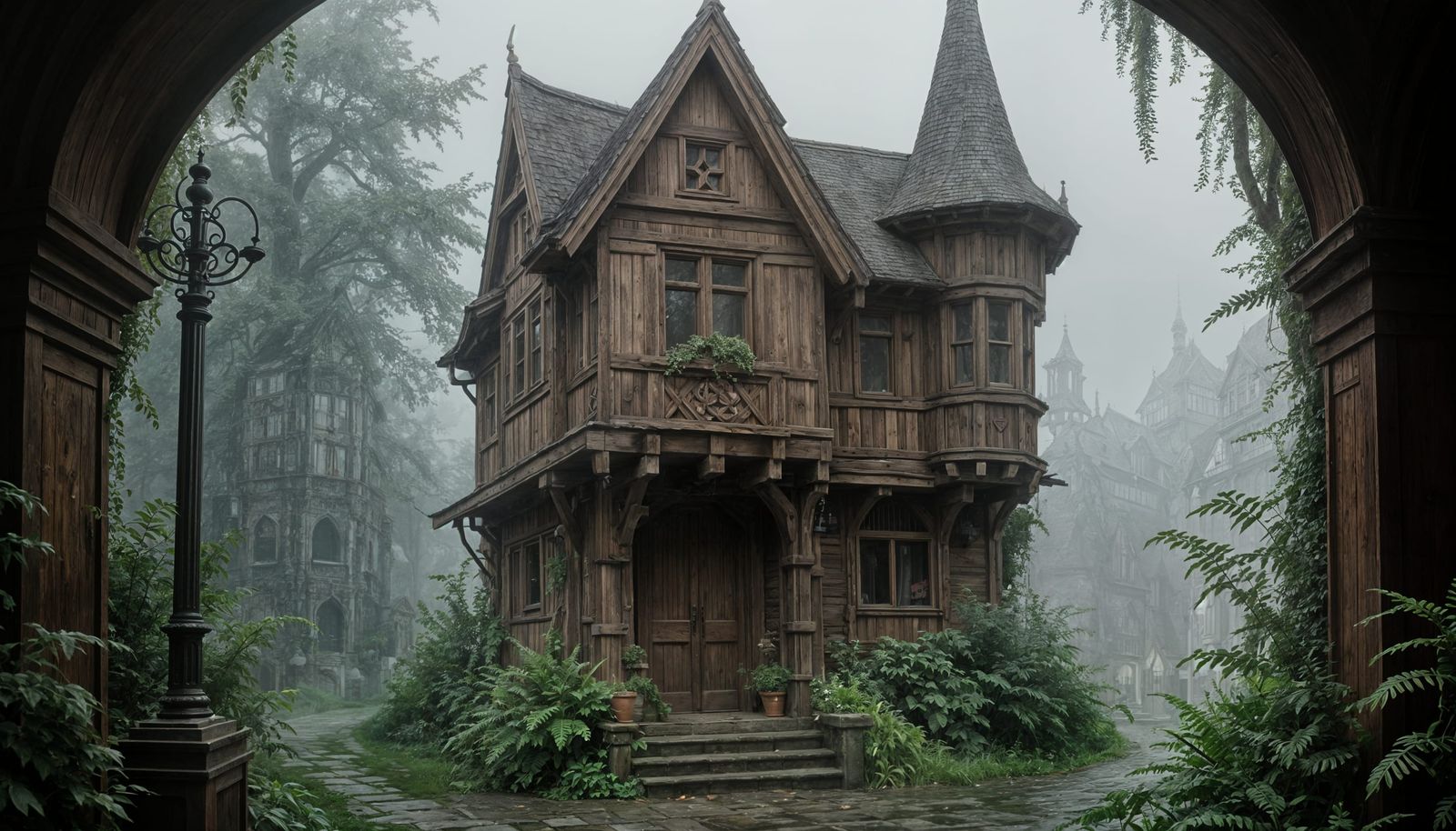 Enchanted Timbered Cottage in Whimsical Fog