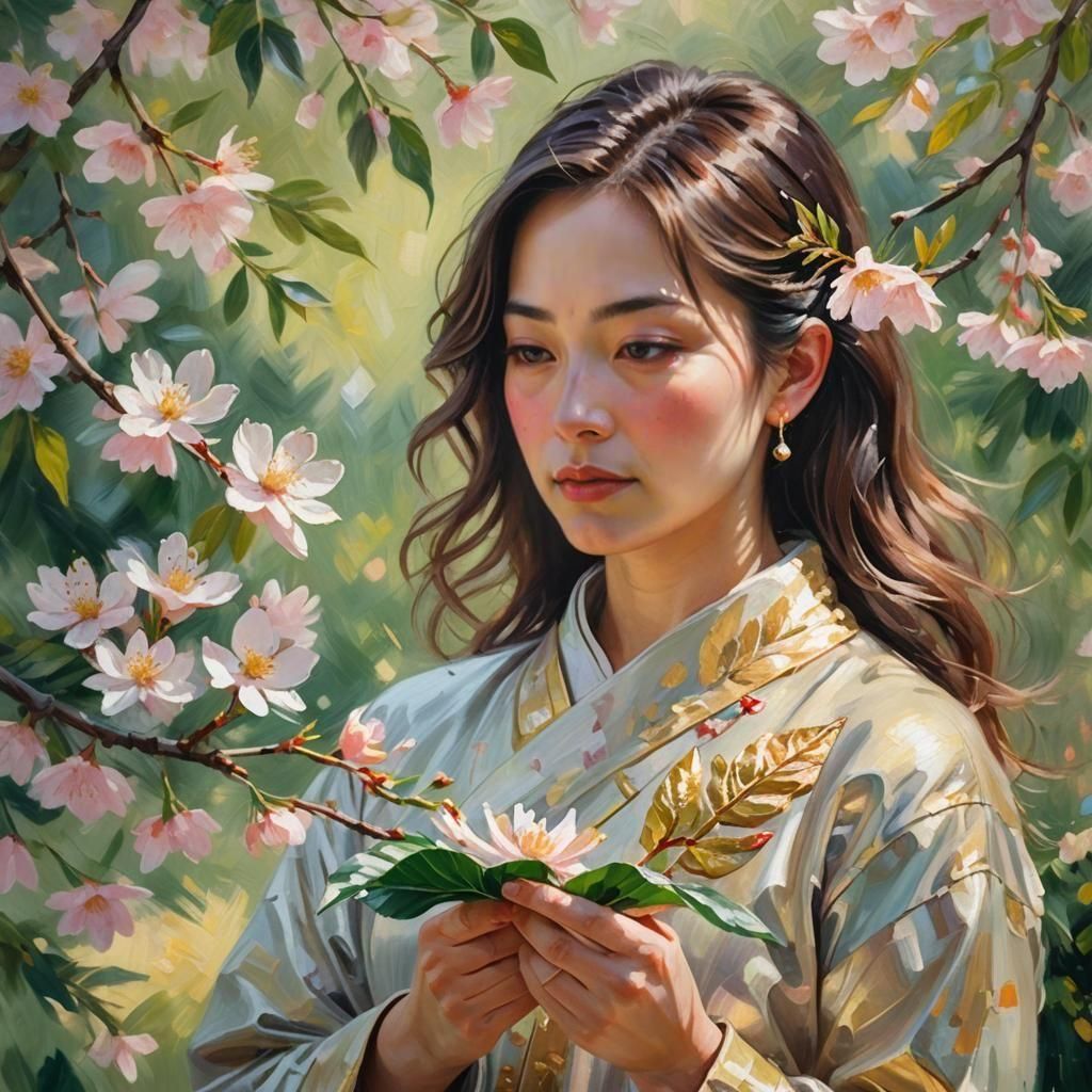 Woman with Cherry Blossom Leaf, Oil Painting