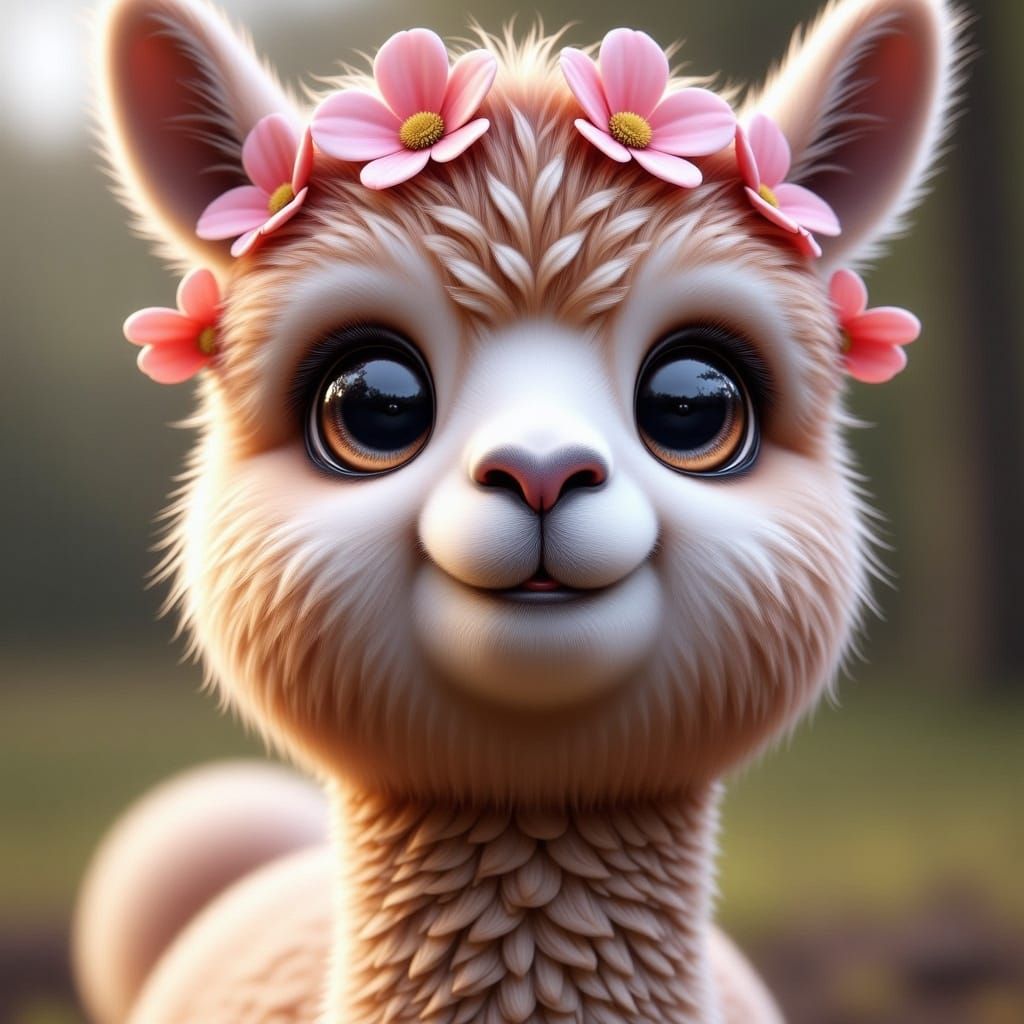 Fluffy Alpaca with Flower Crown Smiling