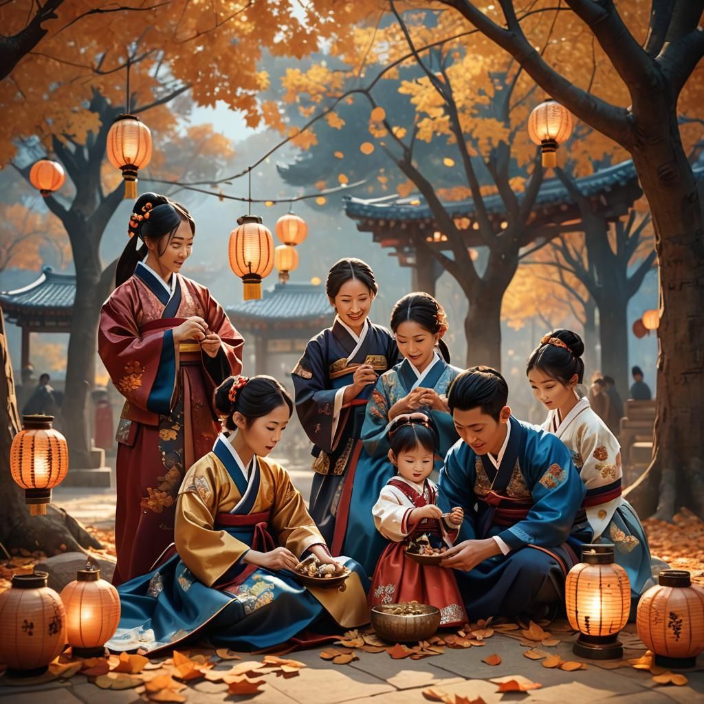 Family Celebrates Chuseok in Korean Folk Art Style