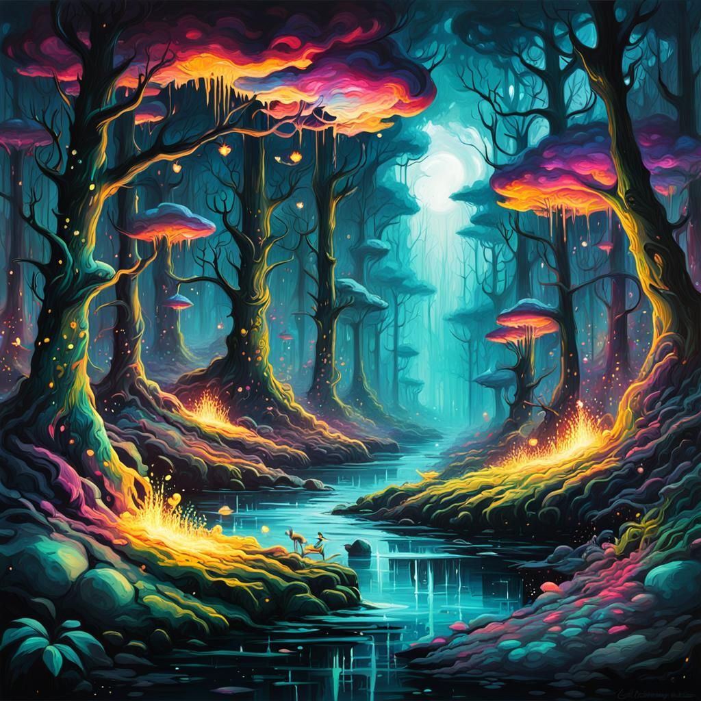 Ethereal Spirits in Luminous Forest: Graffiti Art