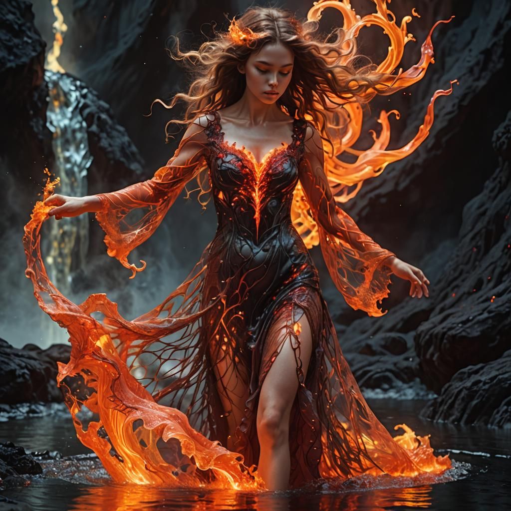 Fairy in Lava Pool with Fiery Dress