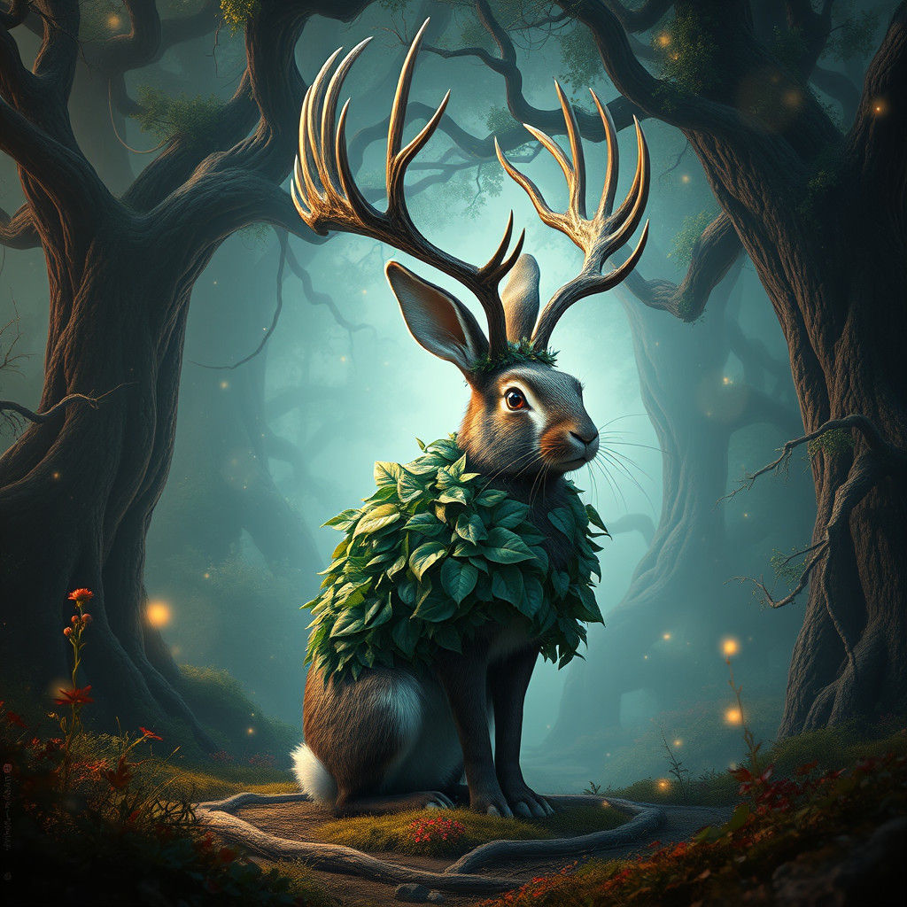 Jackalope in Ethereal Forest: Digital Matte Painting