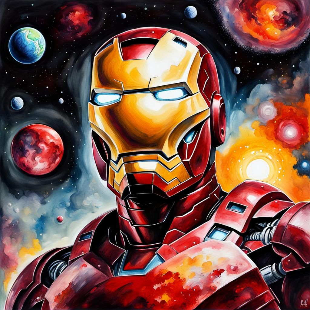 Iron Man Soaring Through Cosmic Watercolor Space