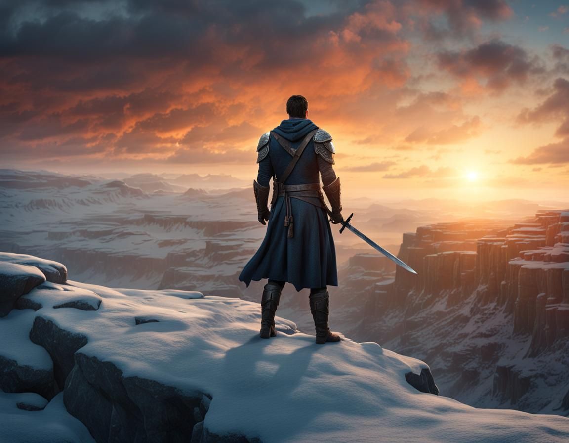 Heroic Warrior at Sunset: A Cinematic Fantasy Scene