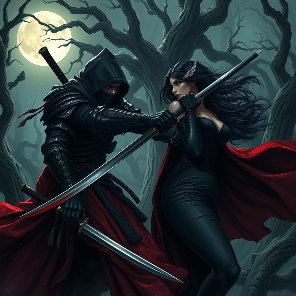 Dark Fantasy Ninja Battles a Seductive Witch in Moonlit Fore...