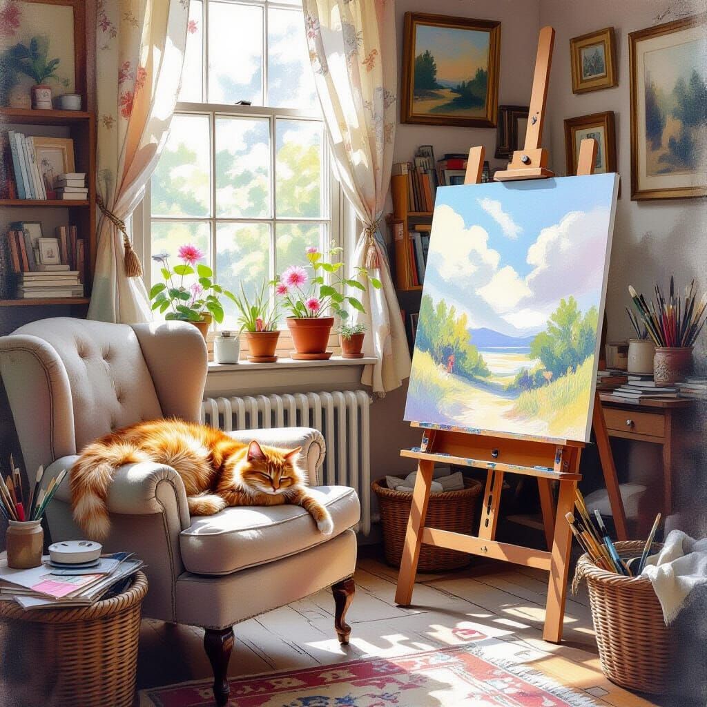 Bohemian Art Studio Serenity With Sleeping Cat