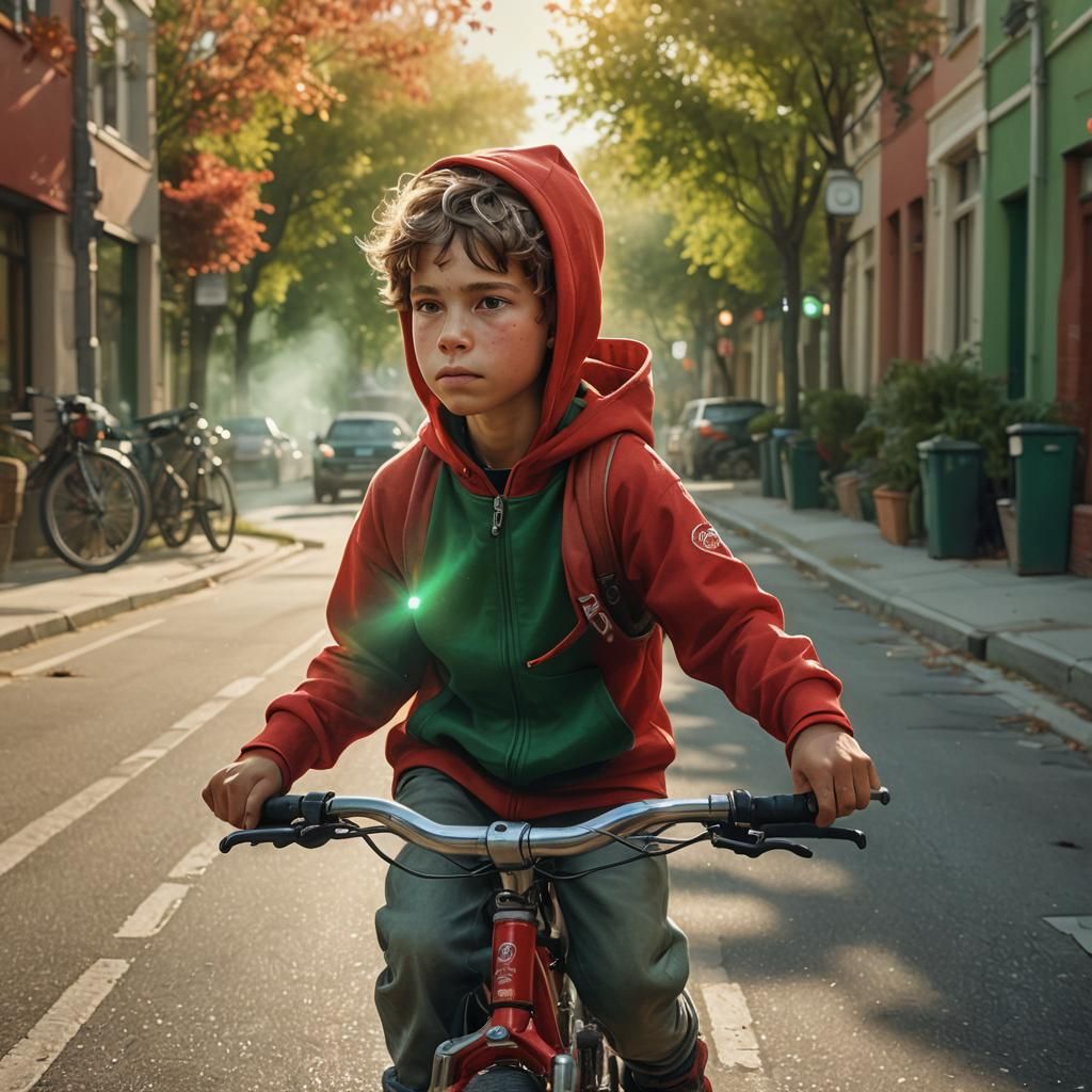 Boy in Red Hoodie Rides Bike: Hyper-Realistic Digital Art