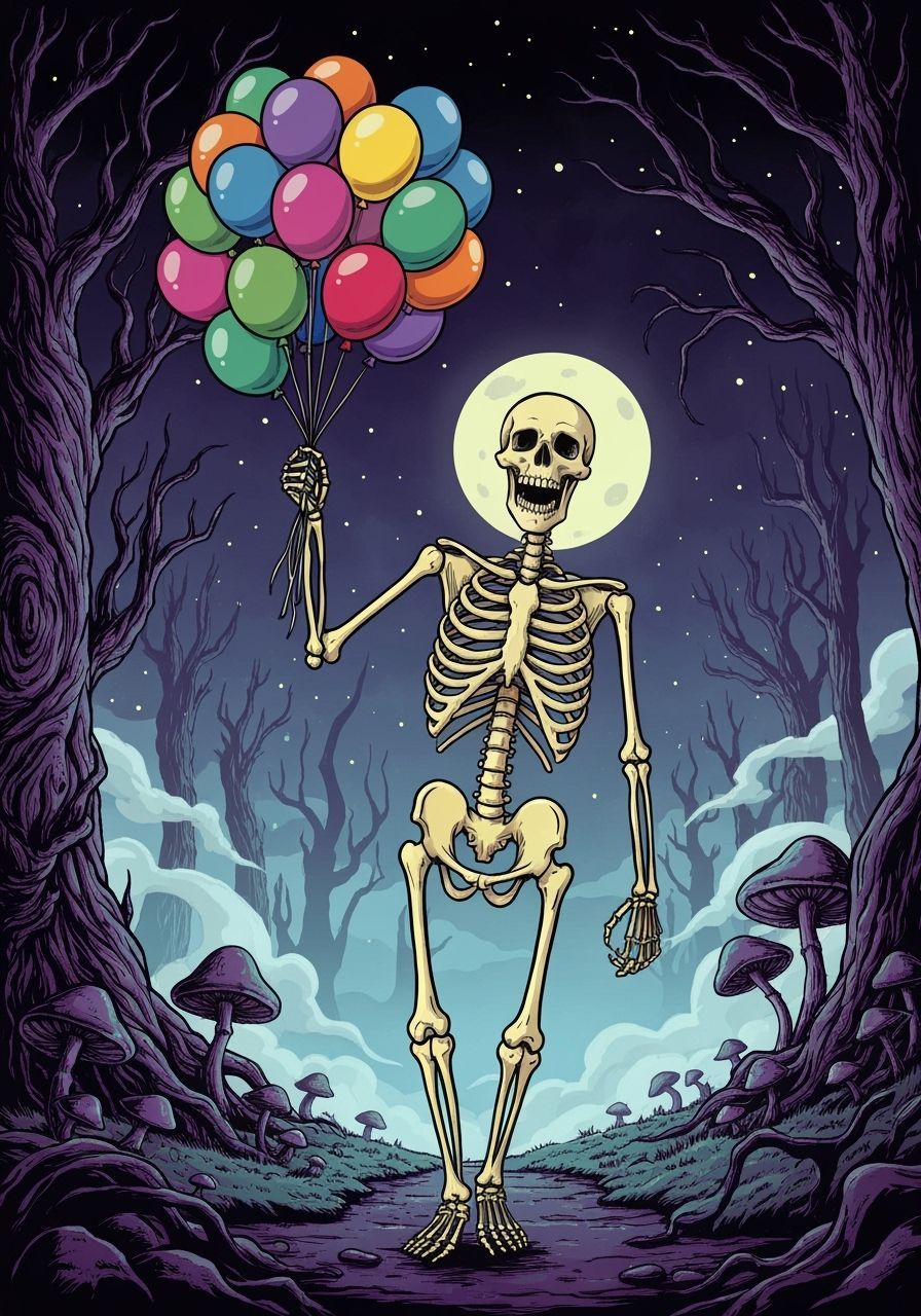 Joyful Skeleton with Balloons in Moonlit Park