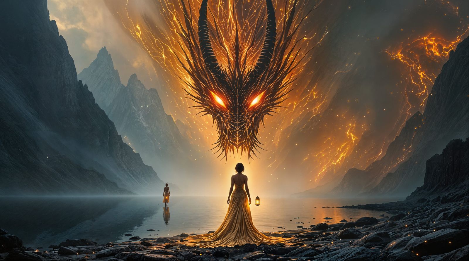 Majestic Woman and the Fjord Dragon in Hypermaximalist Noir