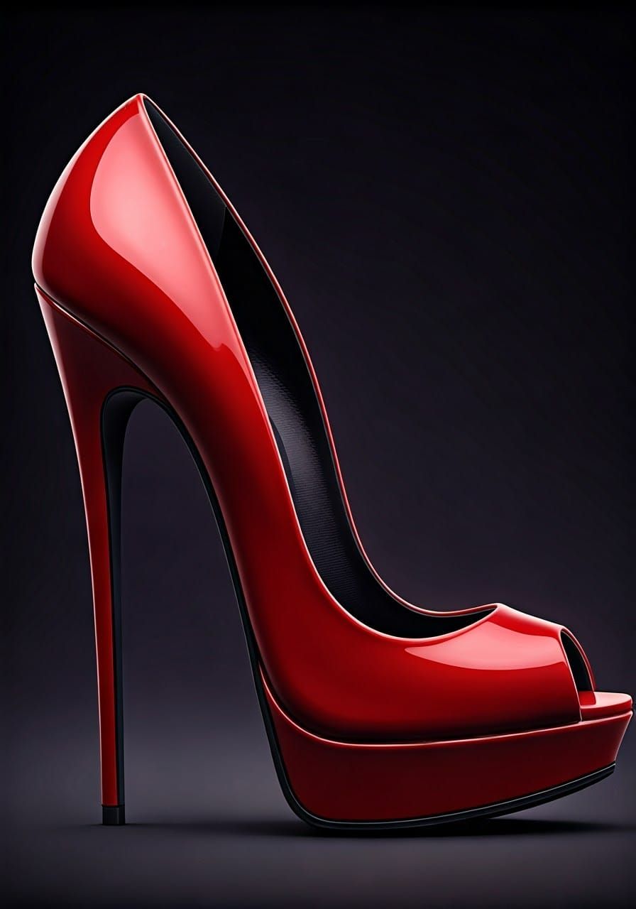A strikingly elegant high-heeled shoe showcases a glossy, vivid red finish, exuding a sense of bold sophistication. The ...
