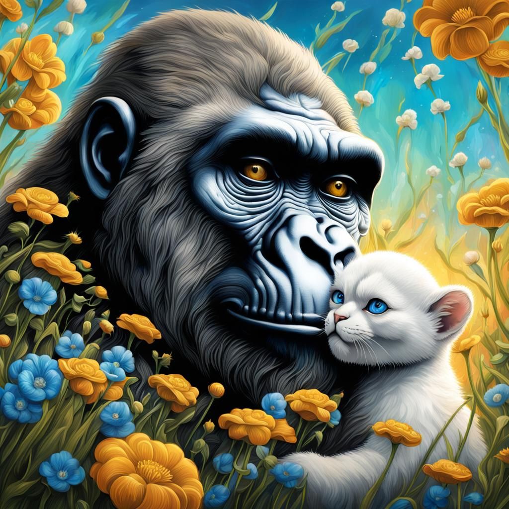 Steampunk, silver back gorilla cuddling a white fully kitten with blue eyes in a field full of buttercup flowers,