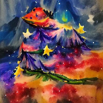 Watercolor Christmas Tree Under Starry Night Sky