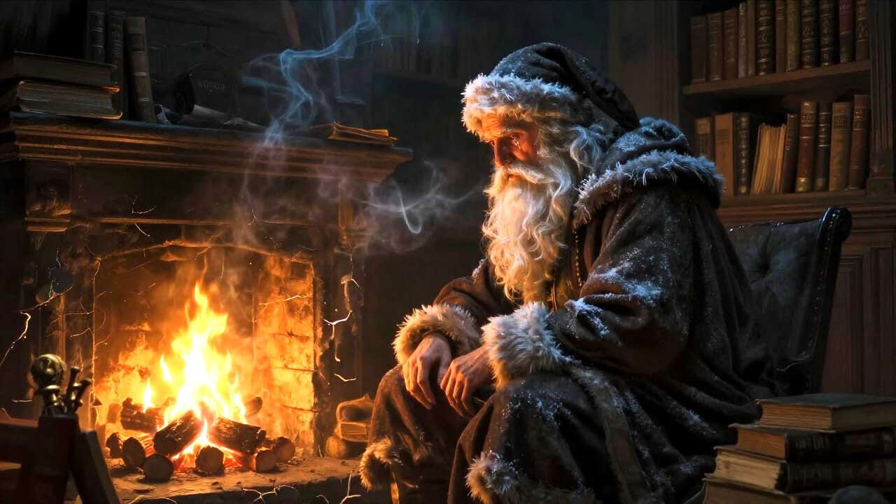 Melancholy Santa Claus in Ancient Library