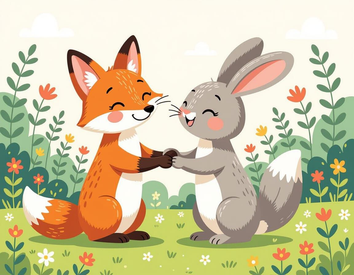 Fox and Rabbit Friendship in Naive Folk Art Style
