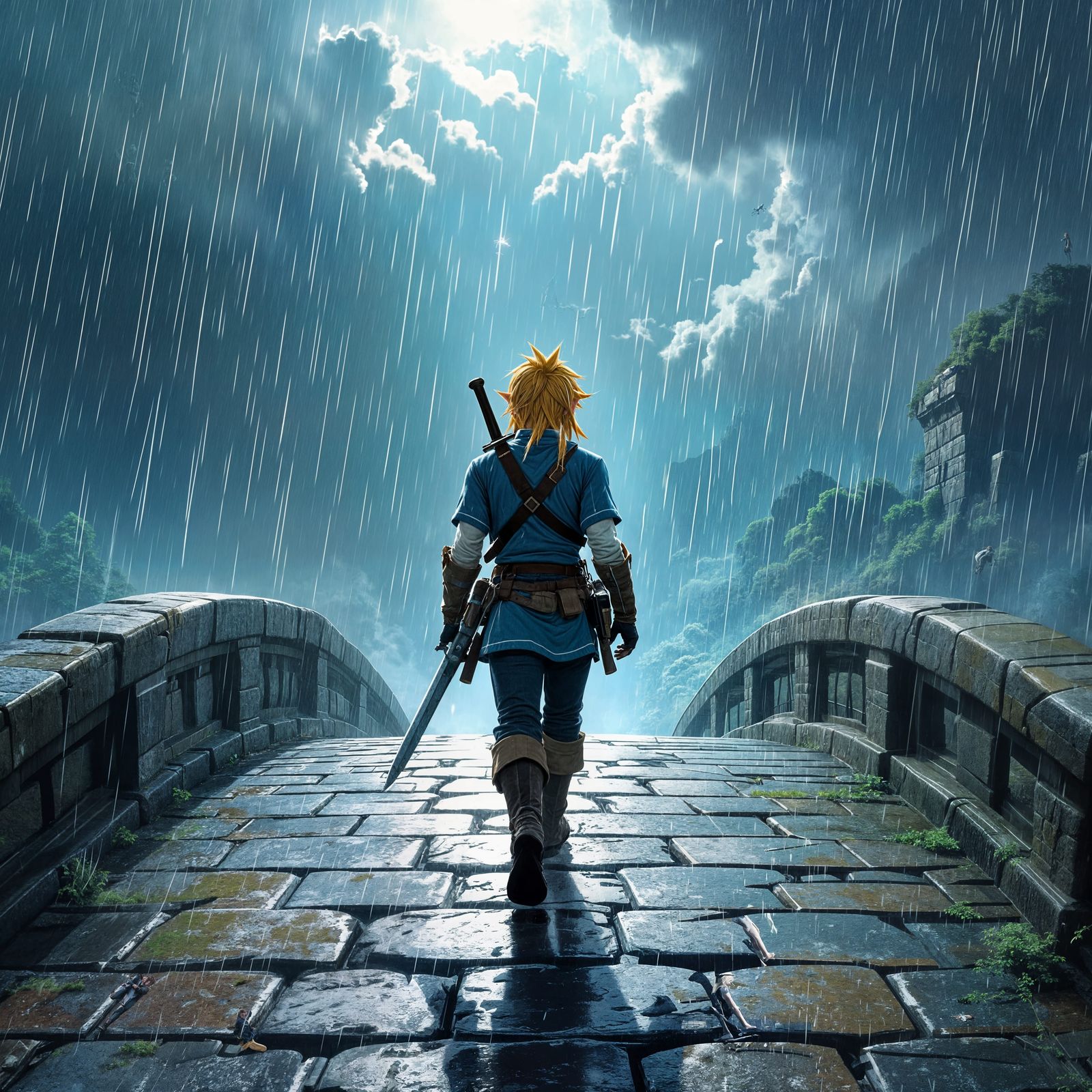 Link Crosses Bridge in Intense Rainstorm