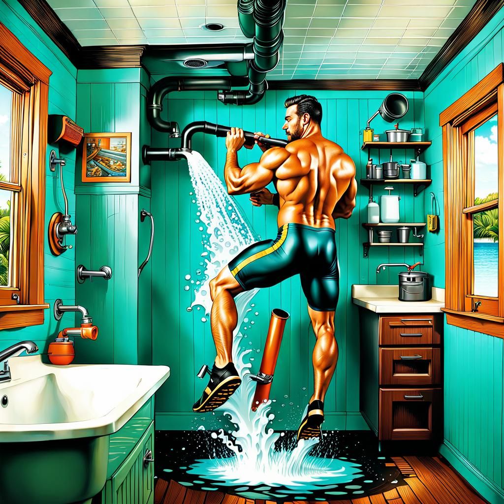 Humorous Plumber Fixing Pipe in Flooded Kitchen