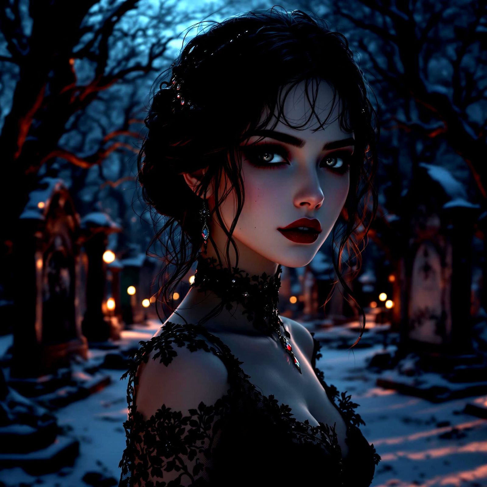 Ethereal Gothic Portrait in Snowy Midnight