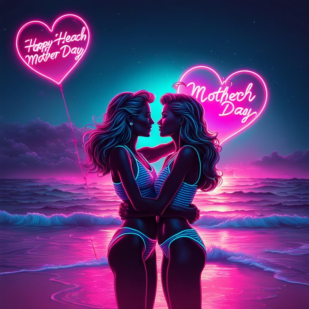 Synthwave Mother's Day on a Neon Beach