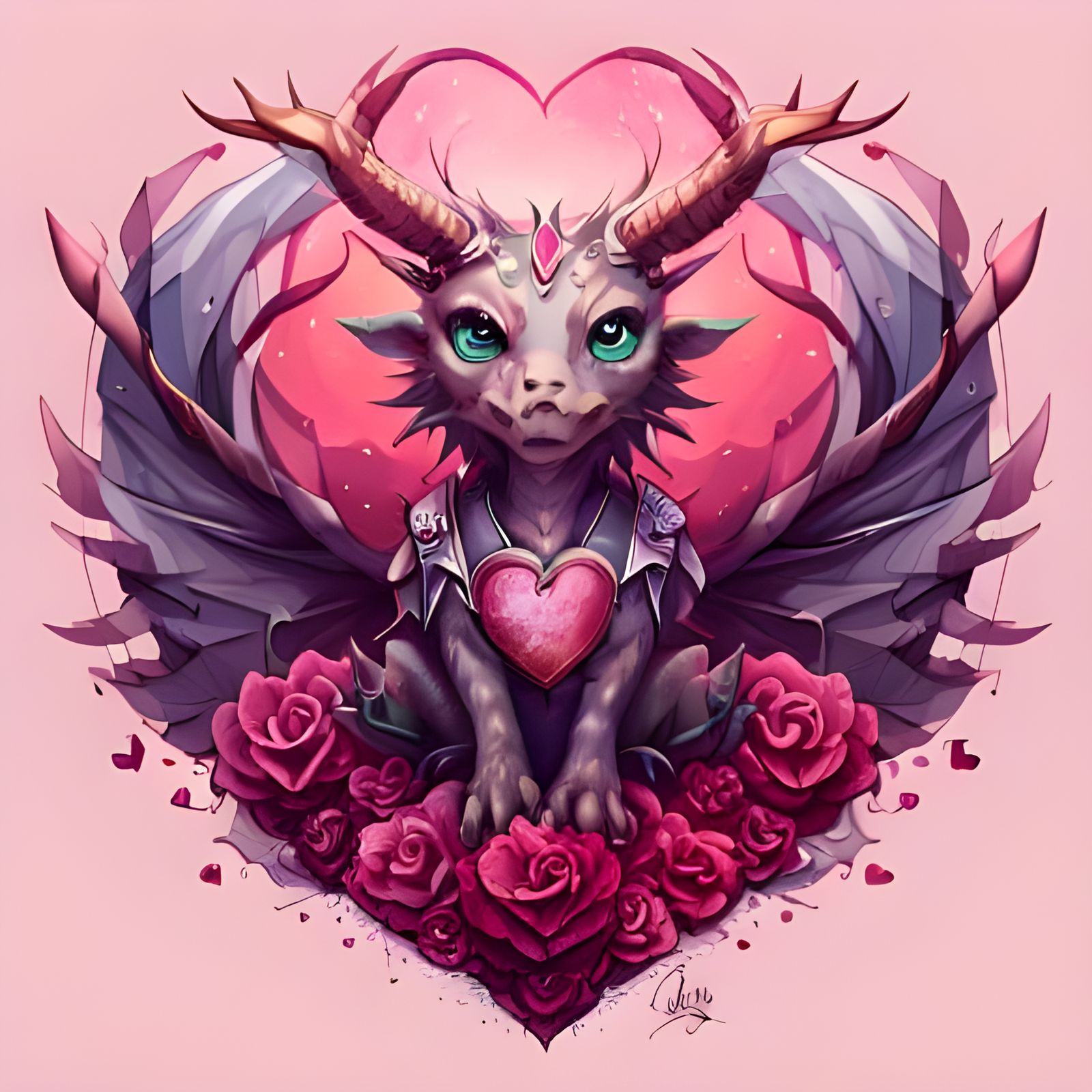 Adorable Dragon Portrait with Hearts in Pink