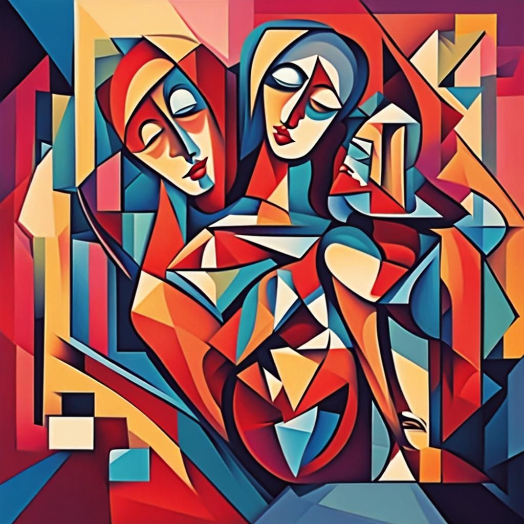 Geometric Cubist Painting in Art Deco Style