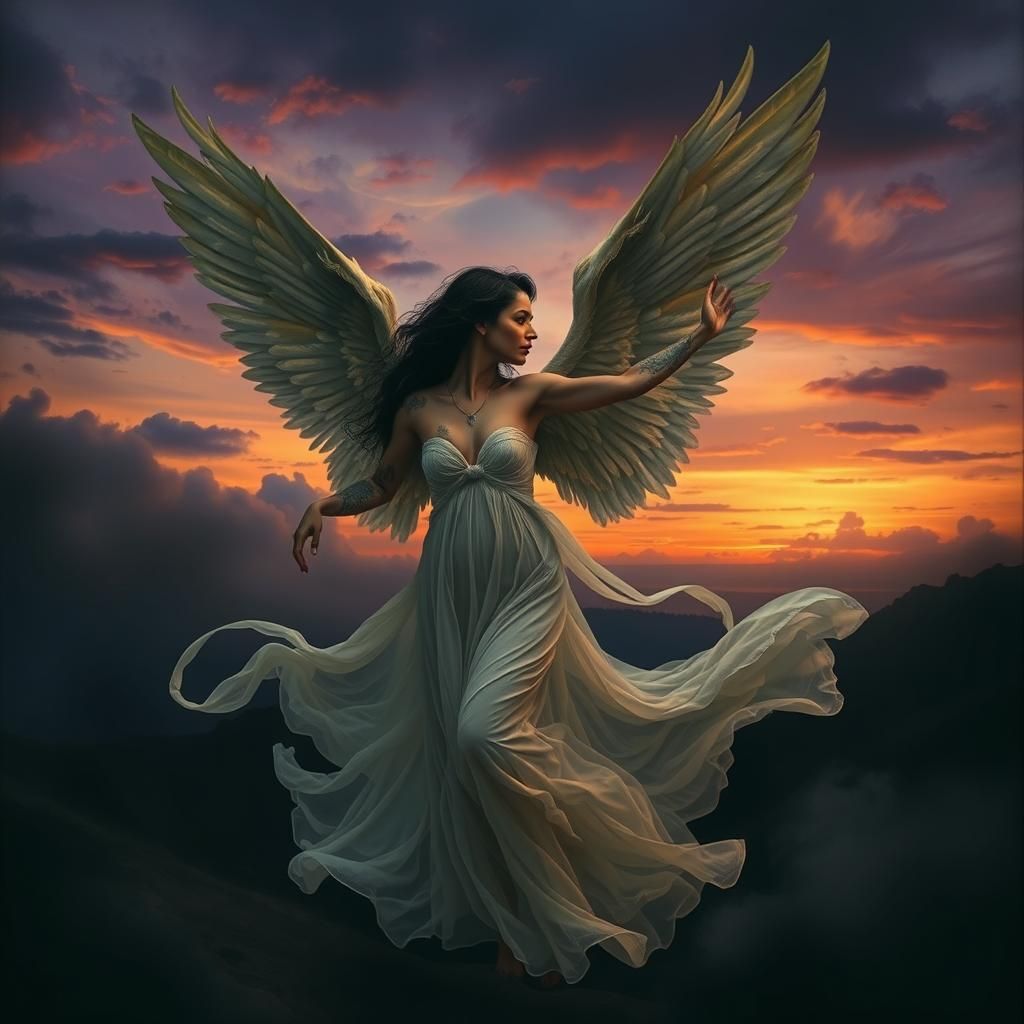 Dark Angel Dancing in Twilight Sky, Renaissance Style