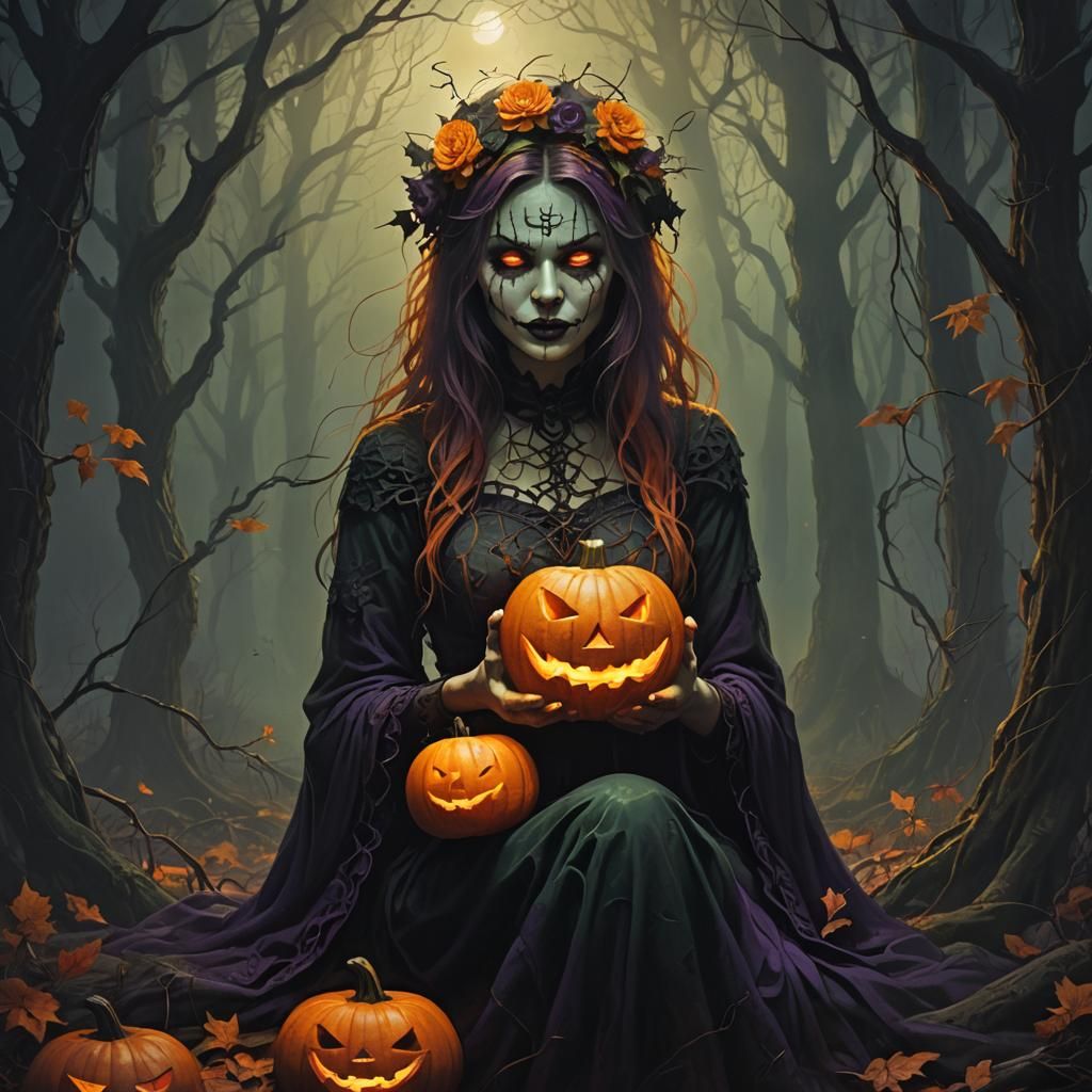 Gothic Woman with Jack-o'-Lantern Head in Forest