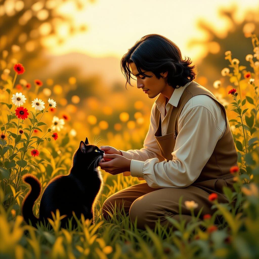Bolivian Man Holds Black Cat's Tail in Golden Hour Field