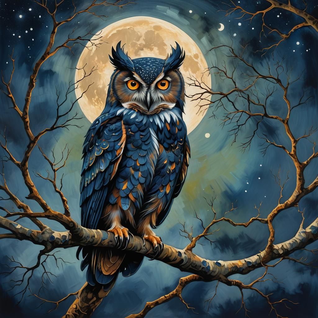 owl sitting in a tree at night illuminated by the full moon
