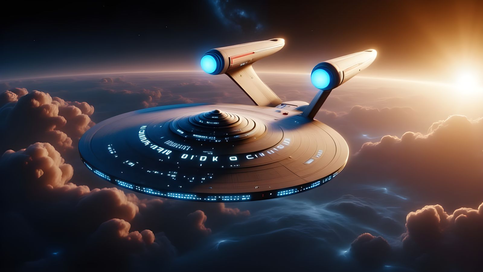 Epic Cinematic Starship Emerging from Nebula