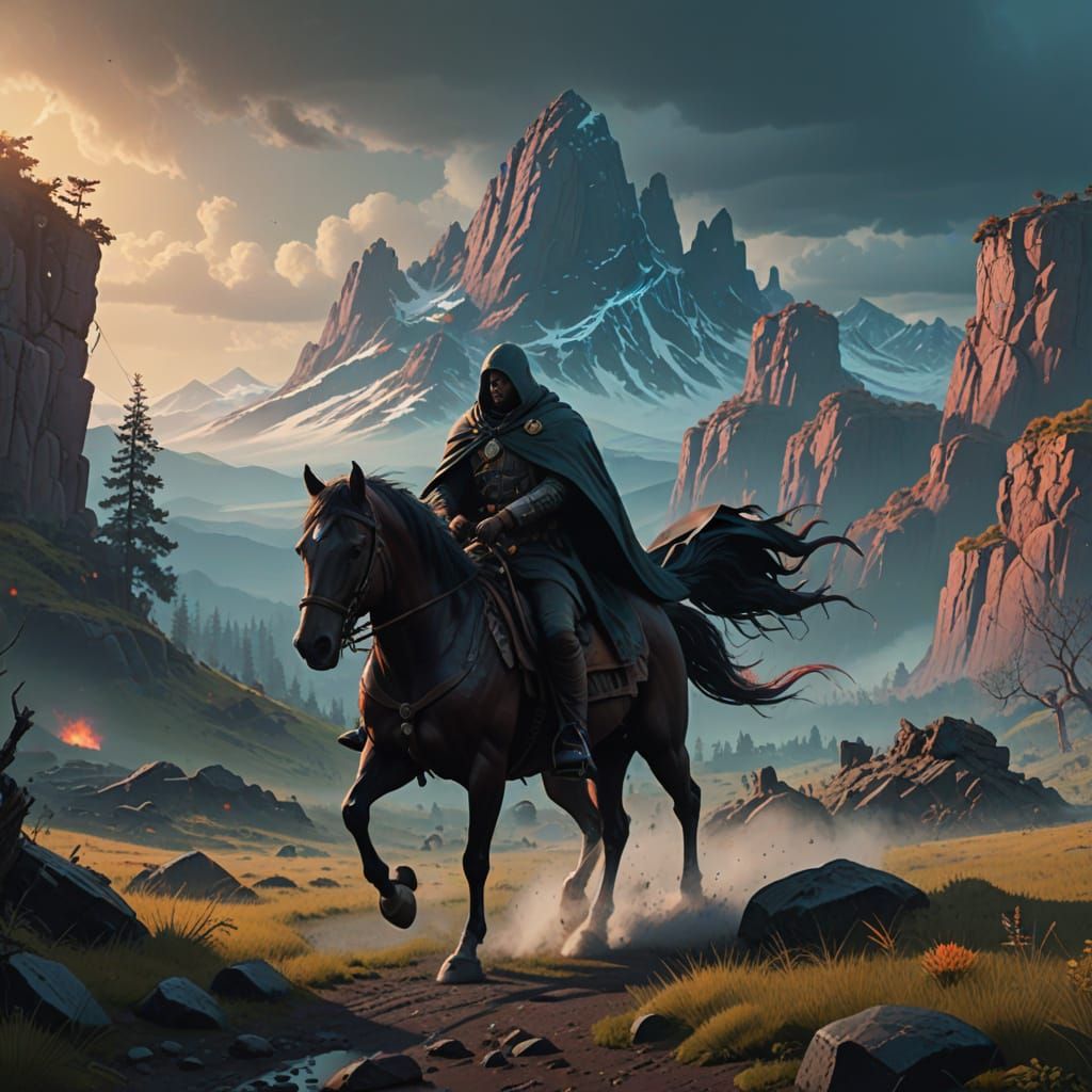 Majestic Stallion Leads Herd in a Fantastical Landscape Purs...