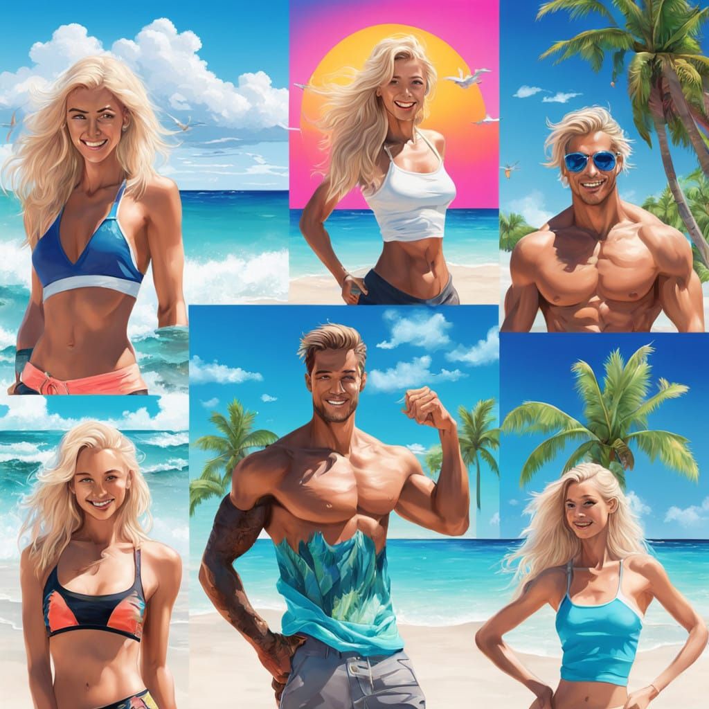 Smiling Blonde Woman in Vibrant Neon Landscapes