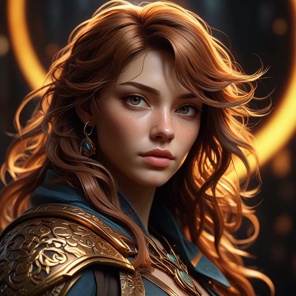 Beautiful woman with long chestnut hair, amber eyes, close-u...