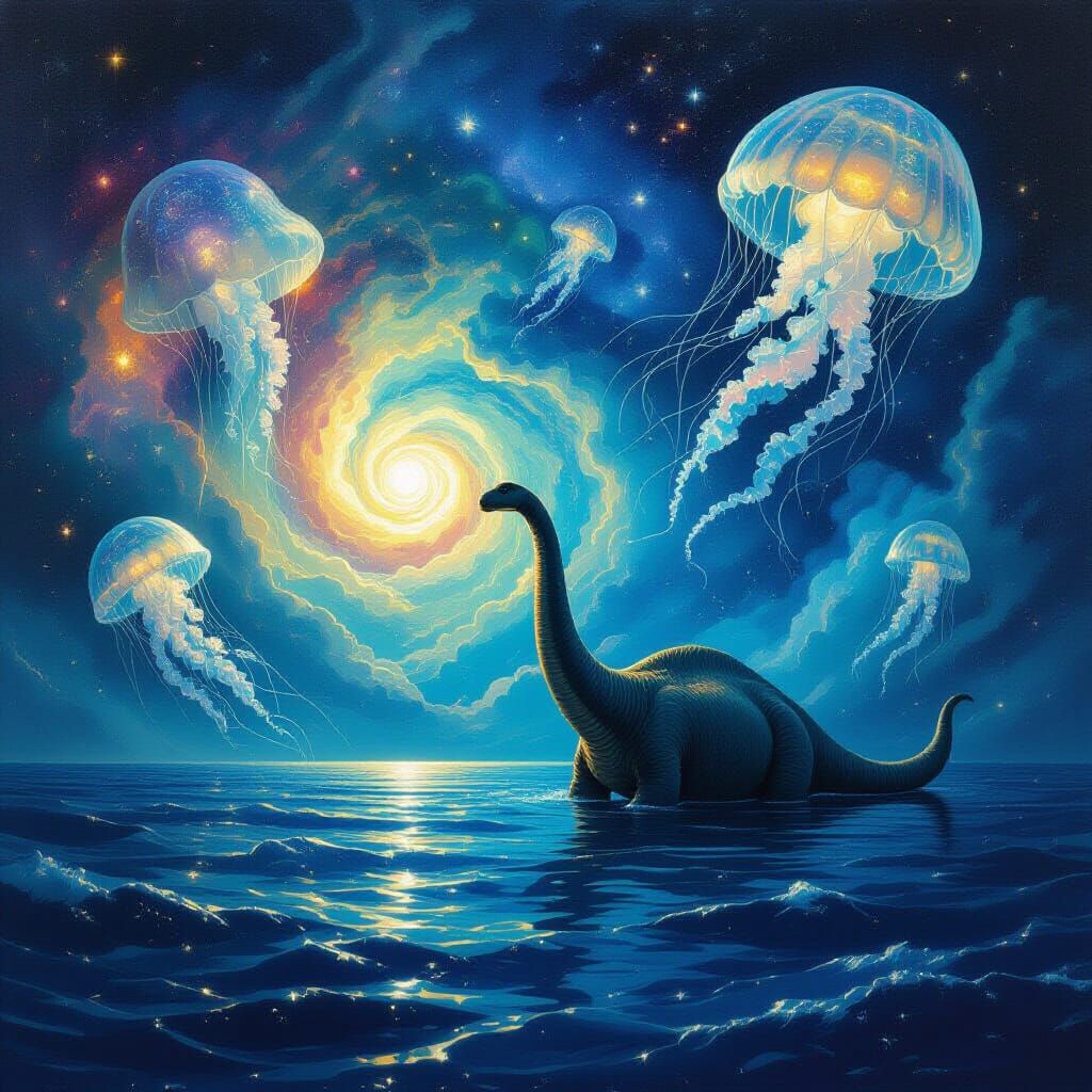 Brontosaurus in Cosmic Ocean with Starry Night Nebulae